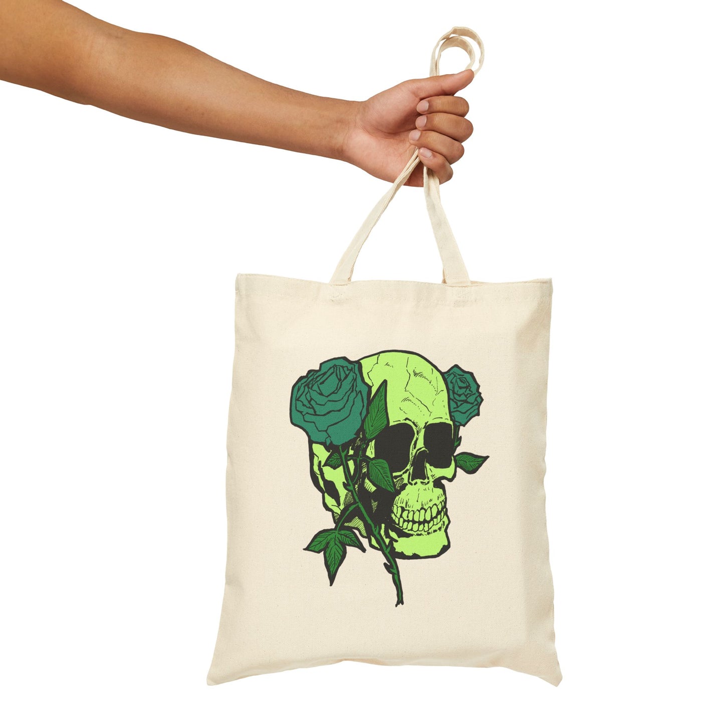 Green Skull & Roses Cotton Canvas Tote — Gothic Floral Reusable Bag