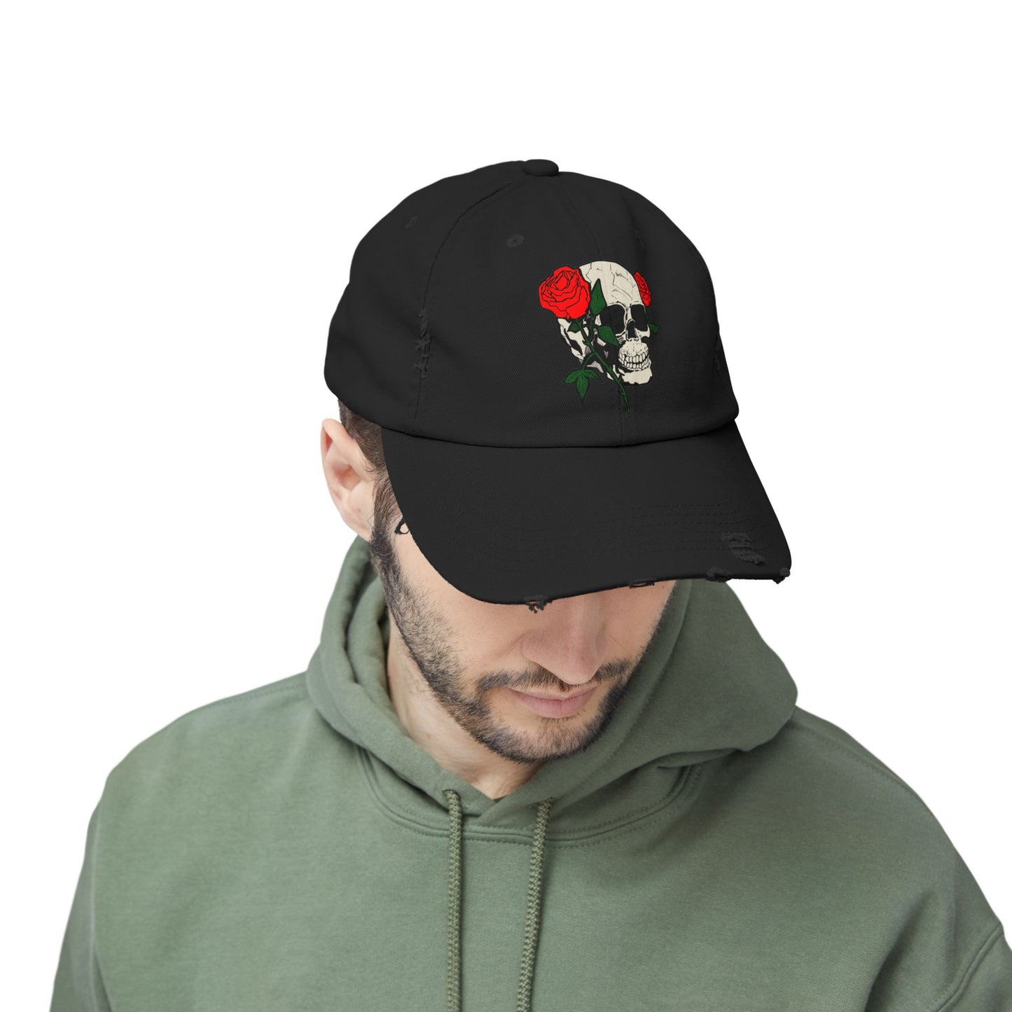 Skull and Roses Distressed Unisex Cap – Edgy Fashion Accessory for Music Lovers