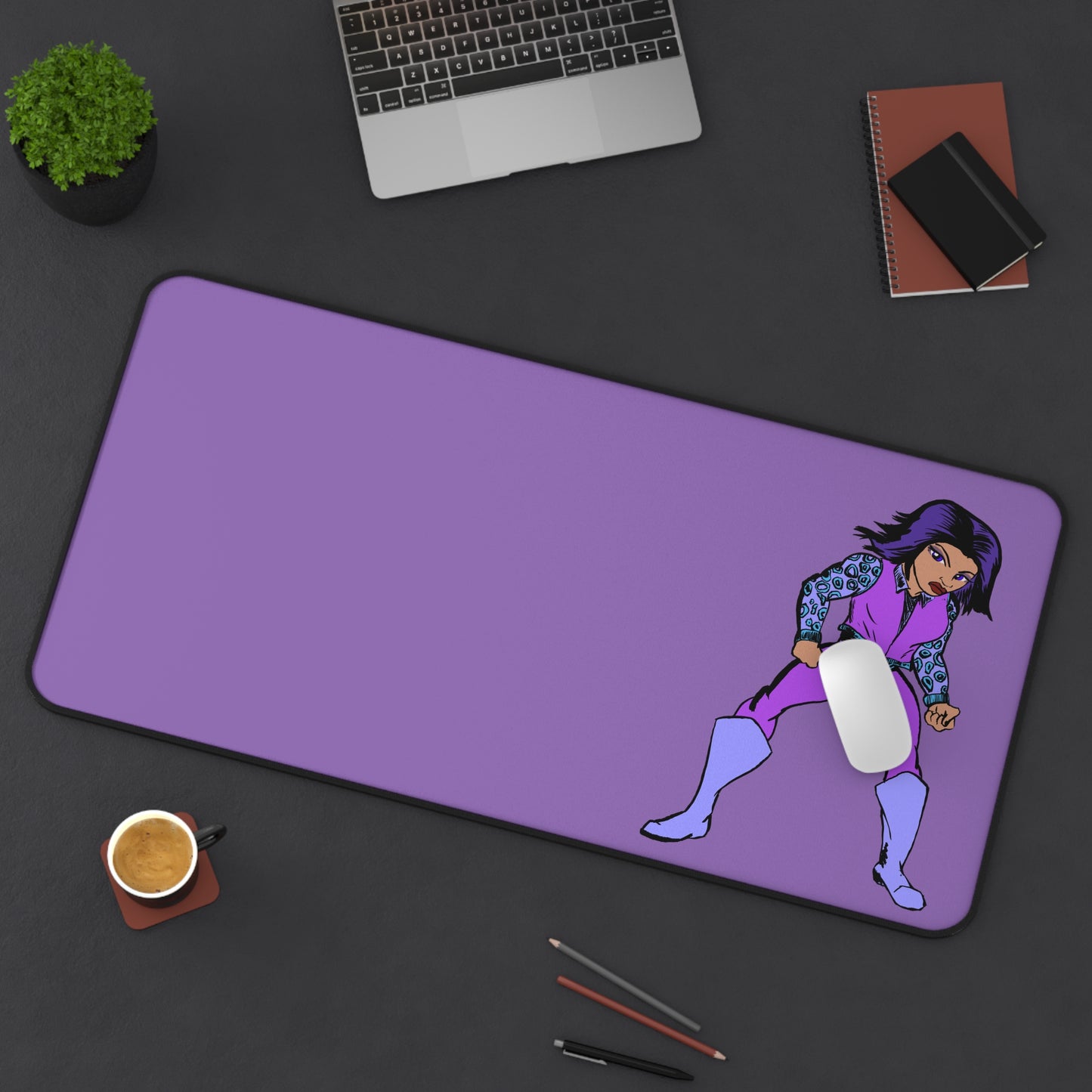 Retro Woman Hero Stylish Desk Mat - Vibrant Purple Design, Office Decor, Gaming Pad, Desk Accessory, Gift for Students, Home Office Essentials