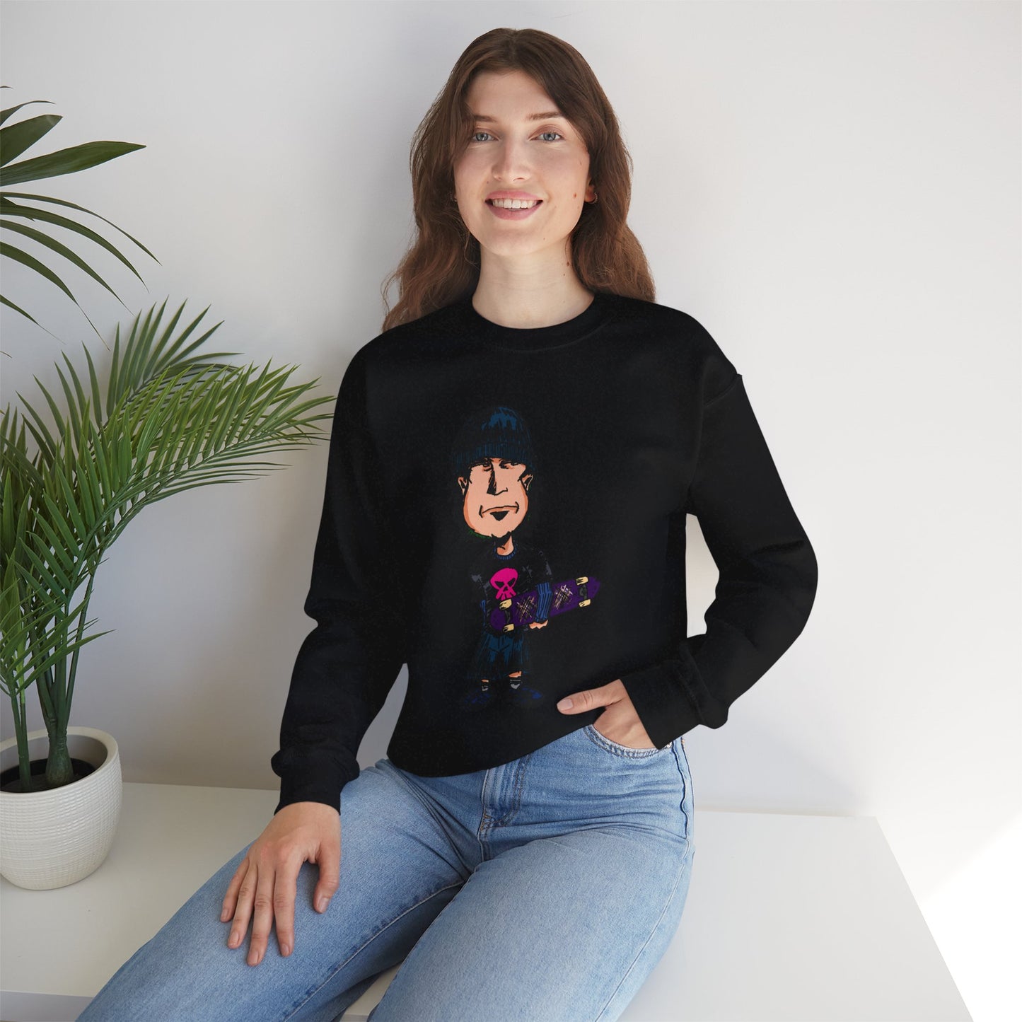 Rude Skater Dude - Skate Punk - Cartoon Skater Crewneck Sweatshirt – Cute Skateboarder Graphic Pullover