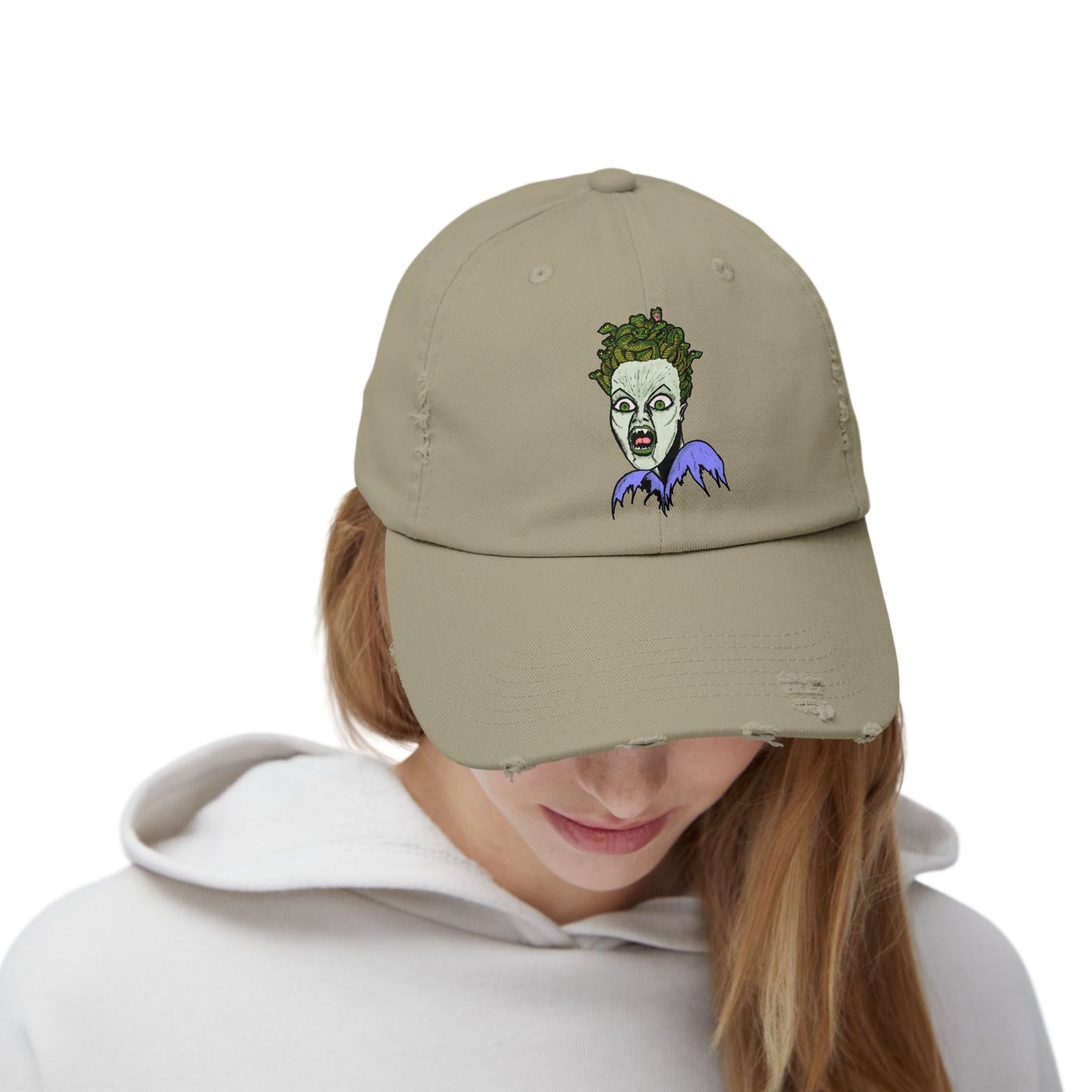 Medusa Unisex Distressed Cap with Eerie Design, Casual Hat, Halloween Accessory, Statement Cap, Gift for Horror Fans, Trendy Distressed Hat