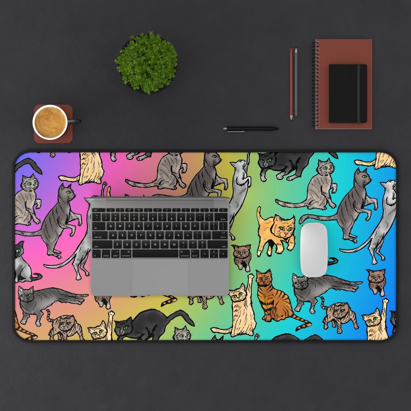Rainbow Cat Pattern Desk Mat — Cute Colorful Cat Mousepad for Home Office