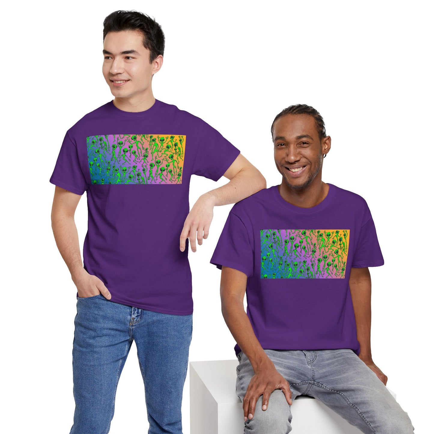 Alien Dance Party Gradient Tee — Colorful Psychedelic Green Aliens Art T-Shirt