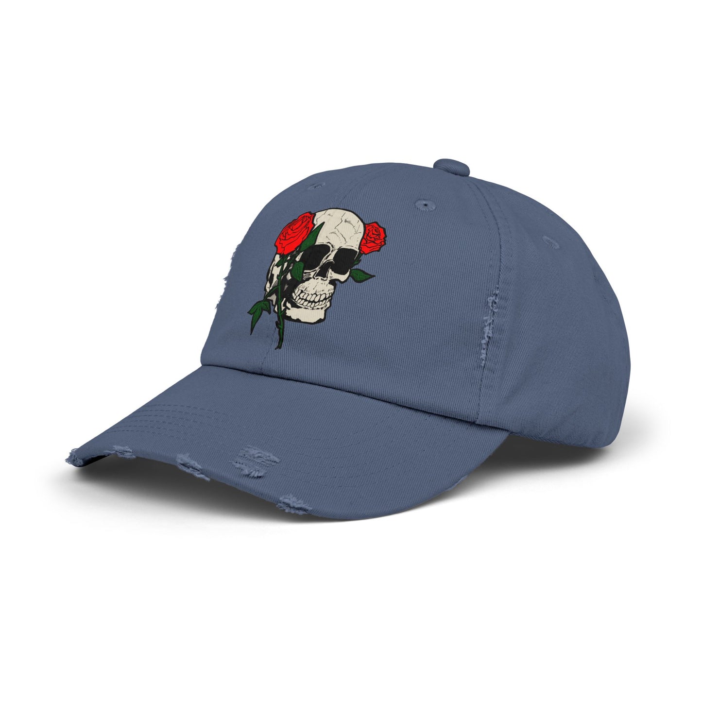 Skull and Roses Distressed Unisex Cap – Edgy Fashion Accessory for Music Lovers