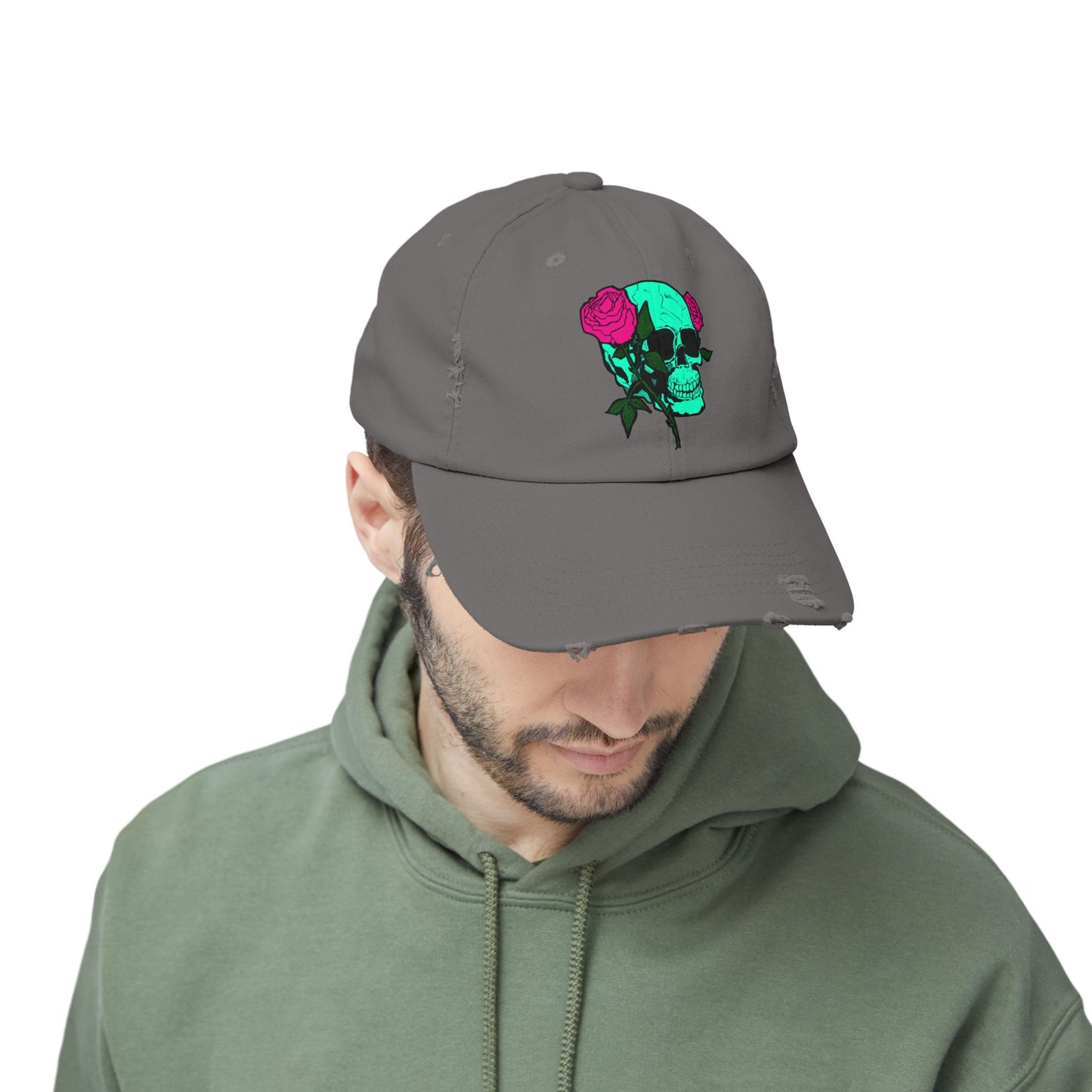 Trendy Distressed Skull Cap with Roses