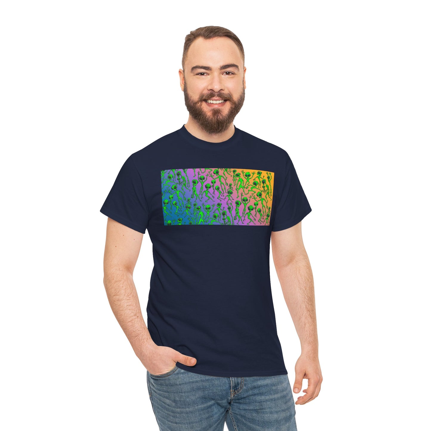 Alien Dance Party Gradient Tee — Colorful Psychedelic Green Aliens Art T-Shirt