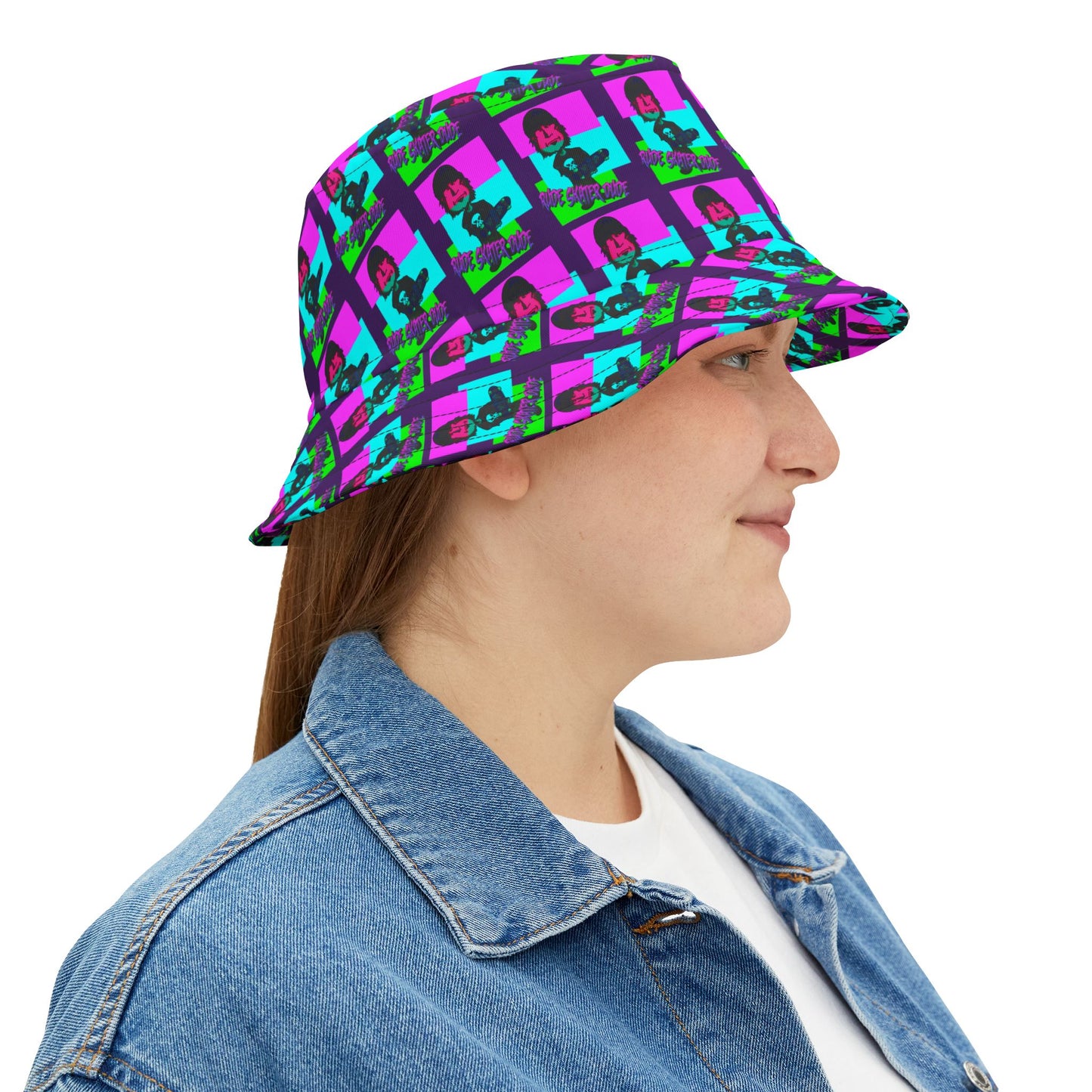 Rude Skater Dude Bucket Hat — Neon Pop Checkerboard Pattern
