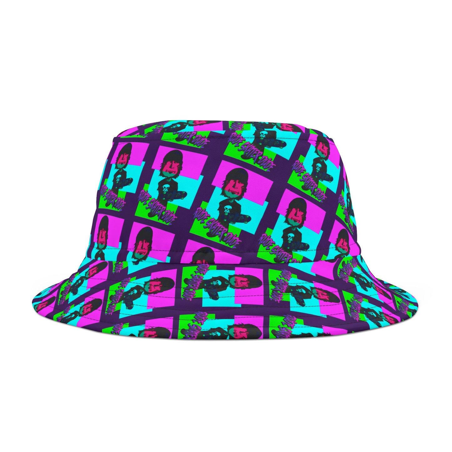 Rude Skater Dude Bucket Hat — Neon Pop Checkerboard Pattern