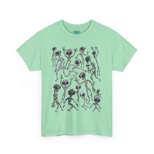 Funky Alien Dance Party Tee, Unisex Heavy Cotton Shirt, Fun Graphic Tee, Casual Wear for Parties, Unique Gift for Alien Lovers