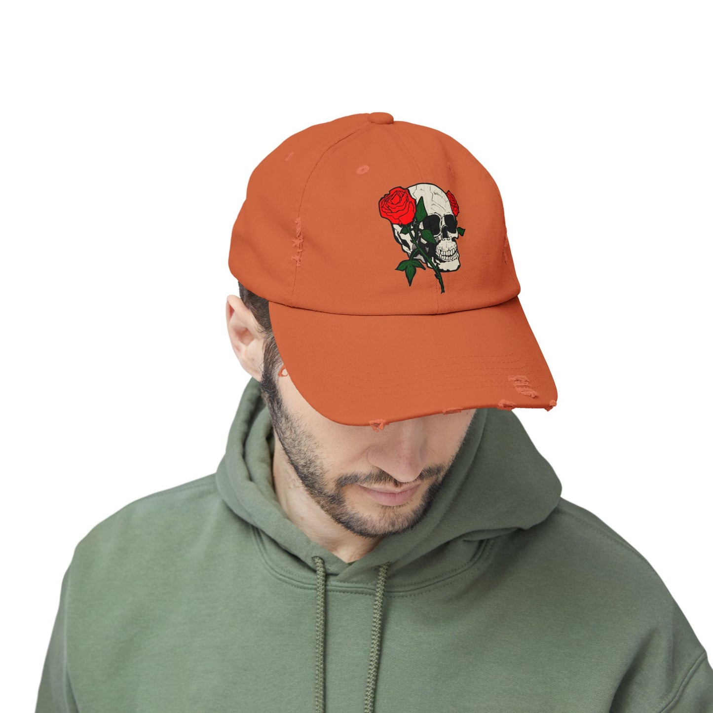 Skull and Roses Distressed Unisex Cap – Edgy Fashion Accessory for Music Lovers