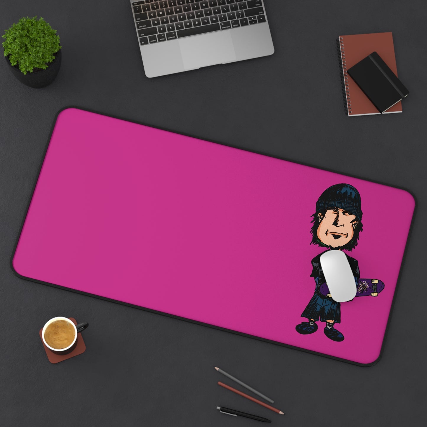Rude Skater Dude - Skater Punk Desk Mat — Hot Pink Gamer Mousepad with Skateboard Cartoon