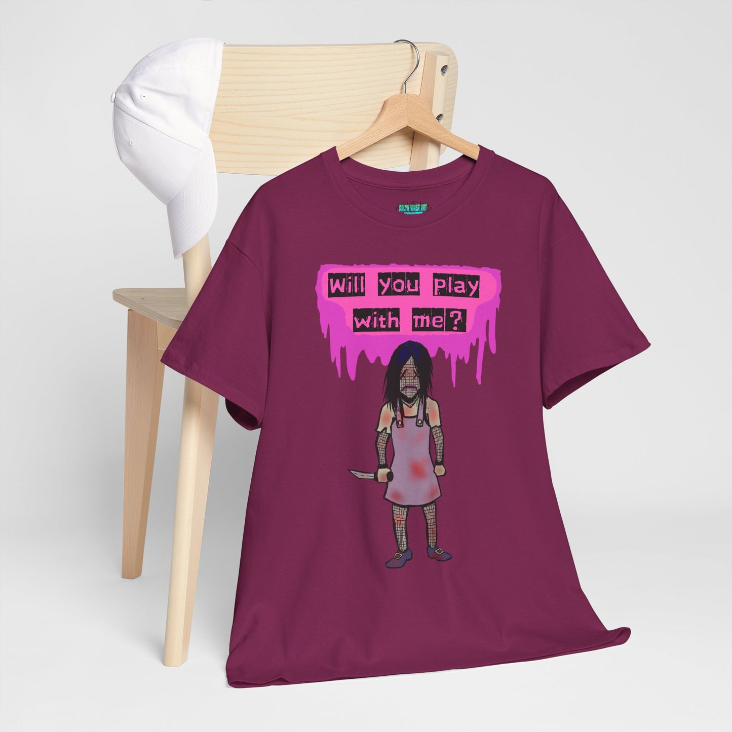 Playful Evil Doll Horror Graphic Tee, Unisex Heavy Cotton Shirt, Casual Wear, Unique Gift, Halloween Costume, Quirky Fashion