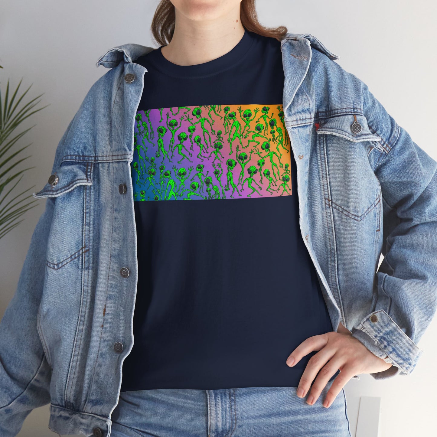 Alien Dance Party Gradient Tee — Colorful Psychedelic Green Aliens Art T-Shirt