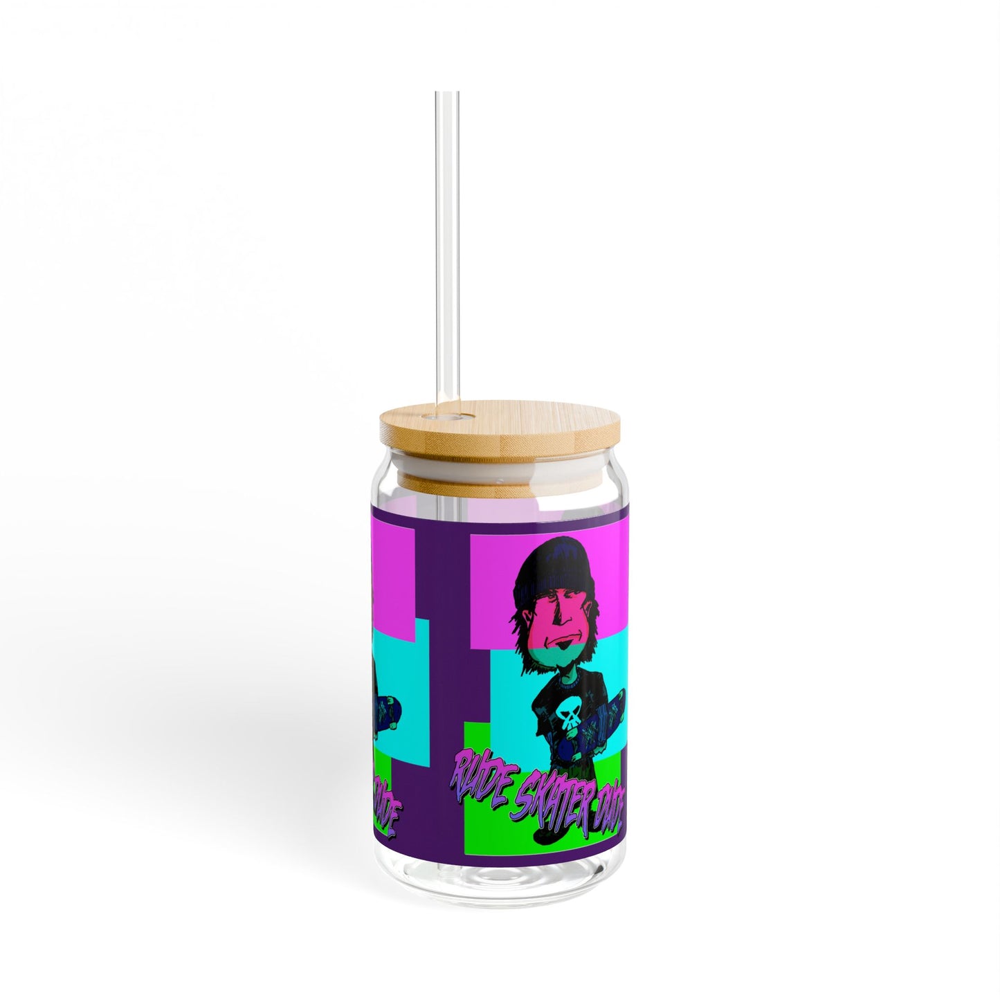 16oz Sipper Glass — Rude Skater Dude Retro Punk Skull Pop Art Drink Tumbler