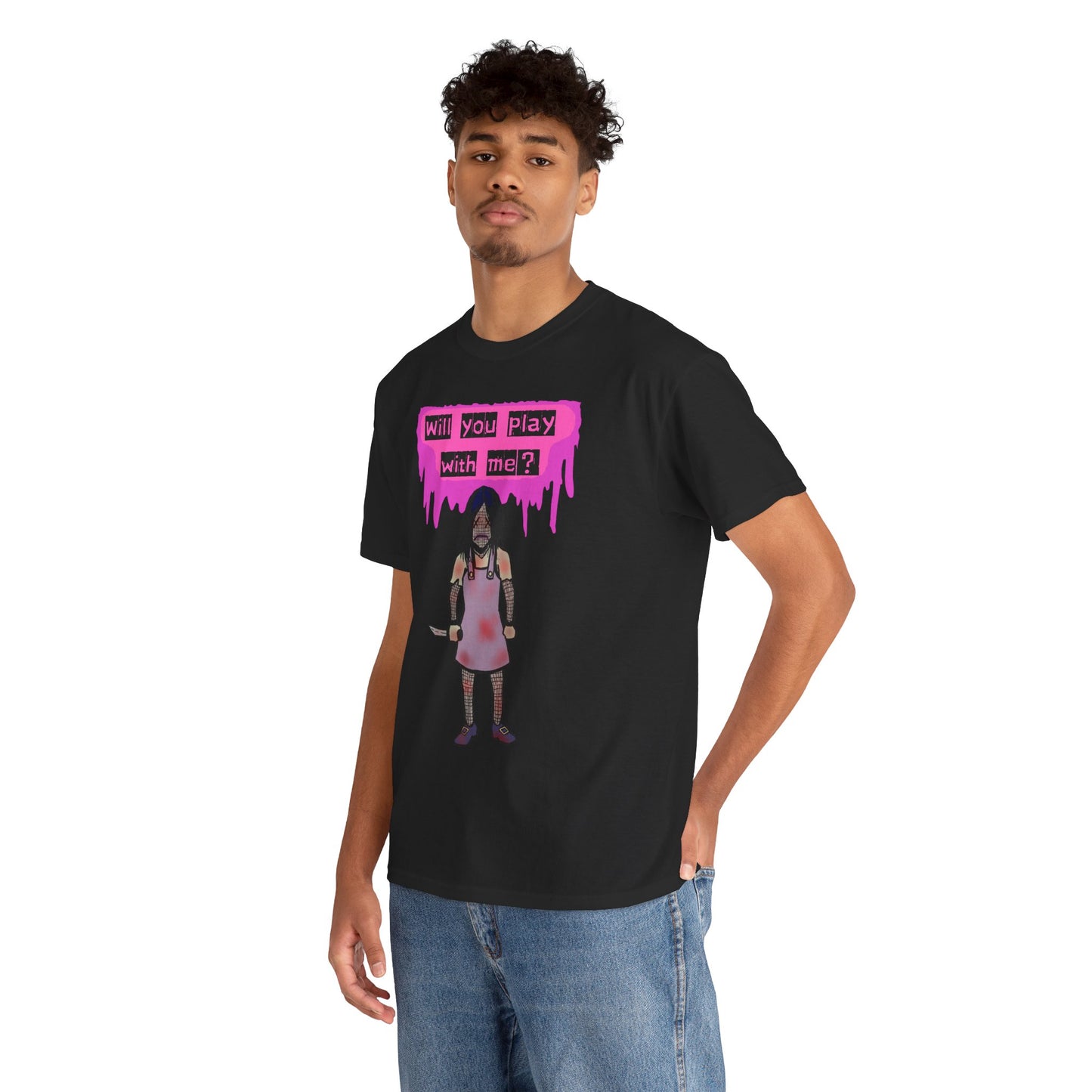 Playful Evil Doll Horror Graphic Tee, Unisex Heavy Cotton Shirt, Casual Wear, Unique Gift, Halloween Costume, Quirky Fashion