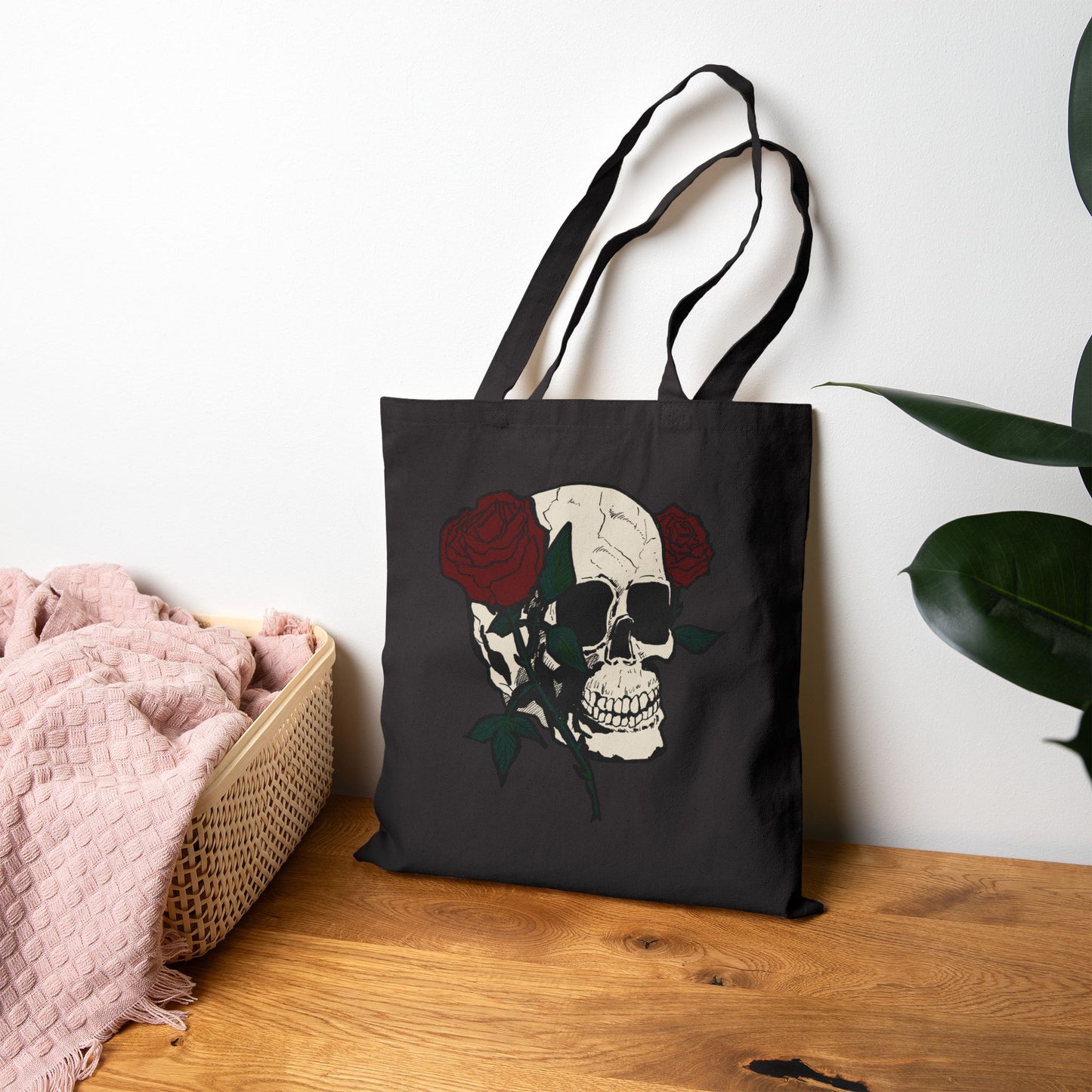 Skull & Roses Canvas Tote Bag — Gothic Floral Reusable Shopper