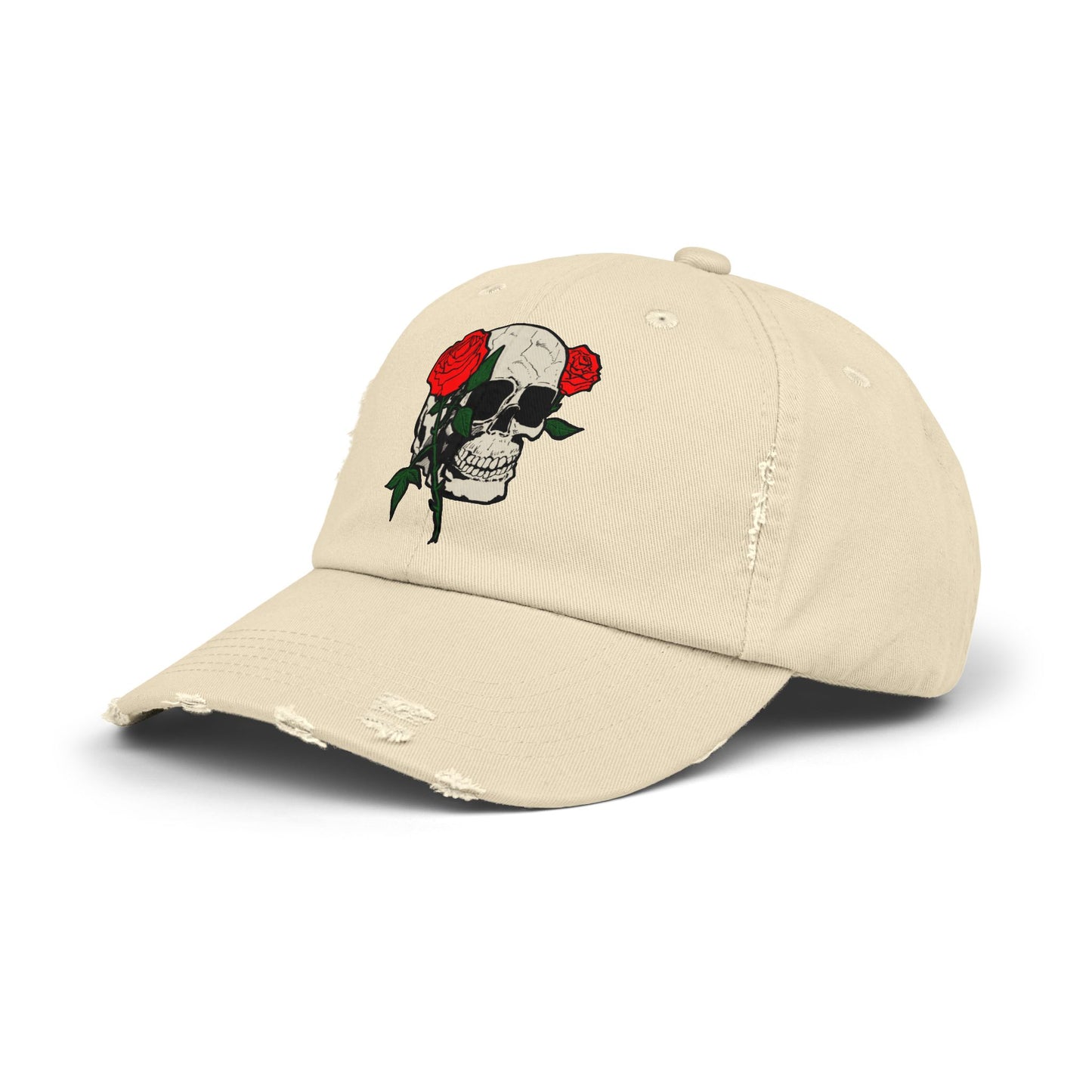 Skull and Roses Distressed Unisex Cap – Edgy Fashion Accessory for Music Lovers