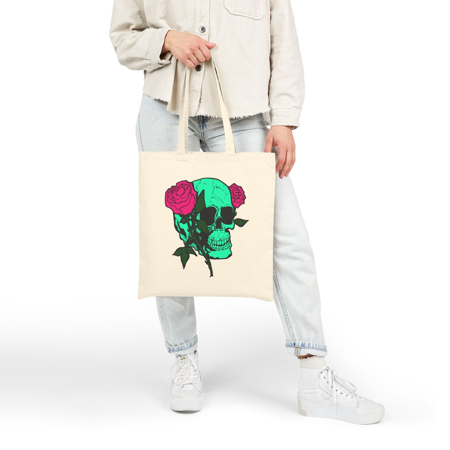 Skull & Roses Canvas Tote — Green Skull with Pink Roses Cotton Bag