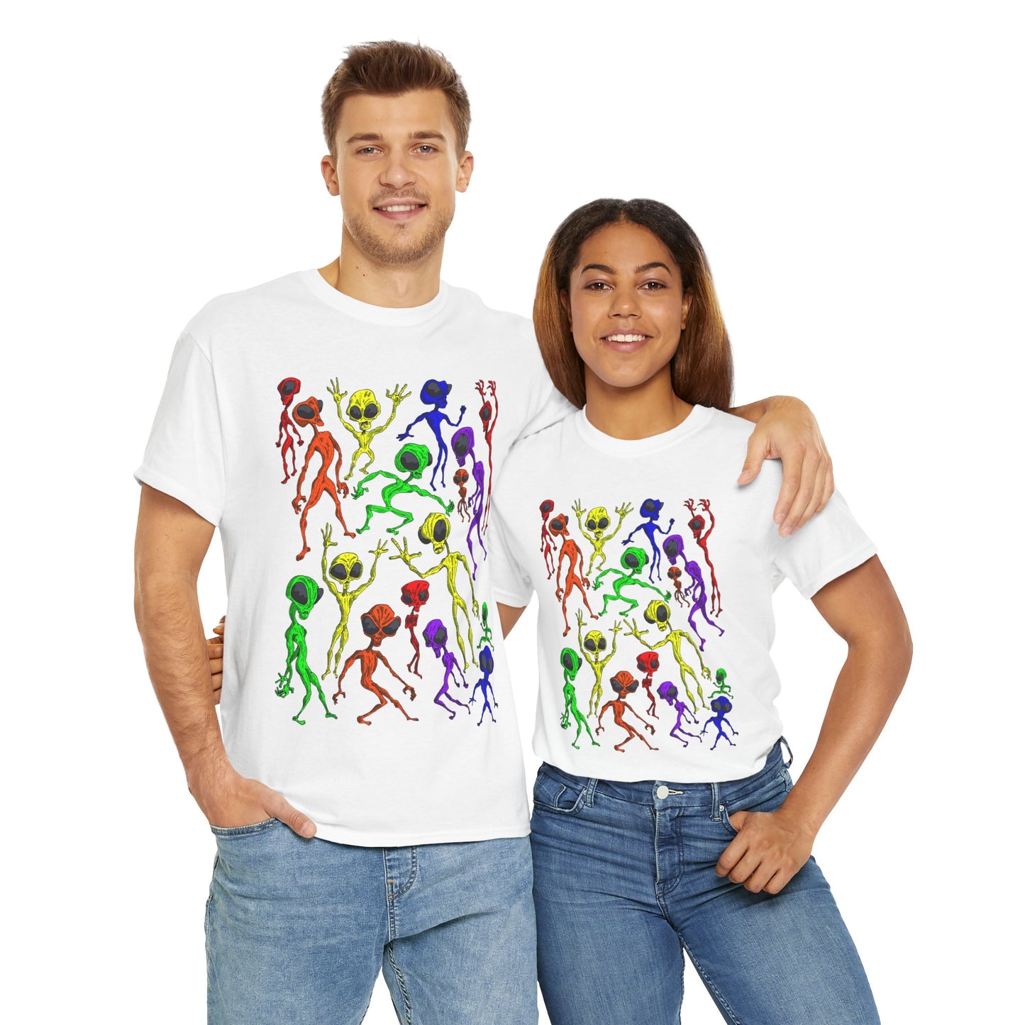 Rainbow Alien Dance Party Unisex Tee - Cosmic Sci-Fi Shirt