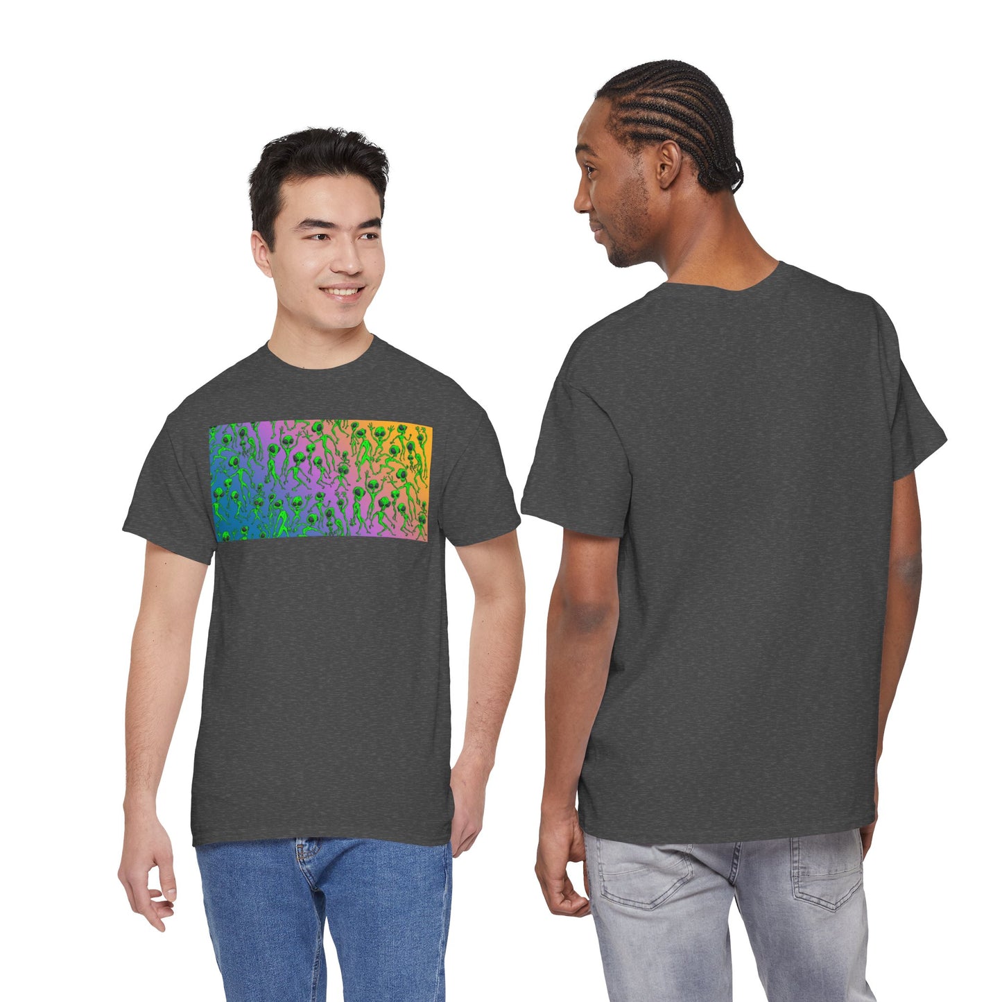Alien Dance Party Gradient Tee — Colorful Psychedelic Green Aliens Art T-Shirt