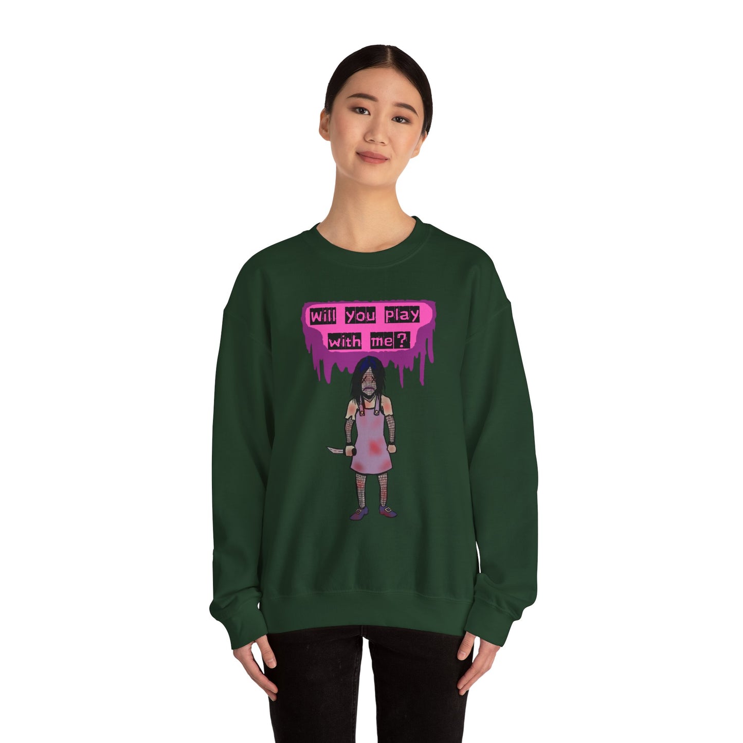 Evil Doll GHOSTLY VINTAGE UNISEX CREWNECK SWEATSHIRT - "Will You Play With Me?"