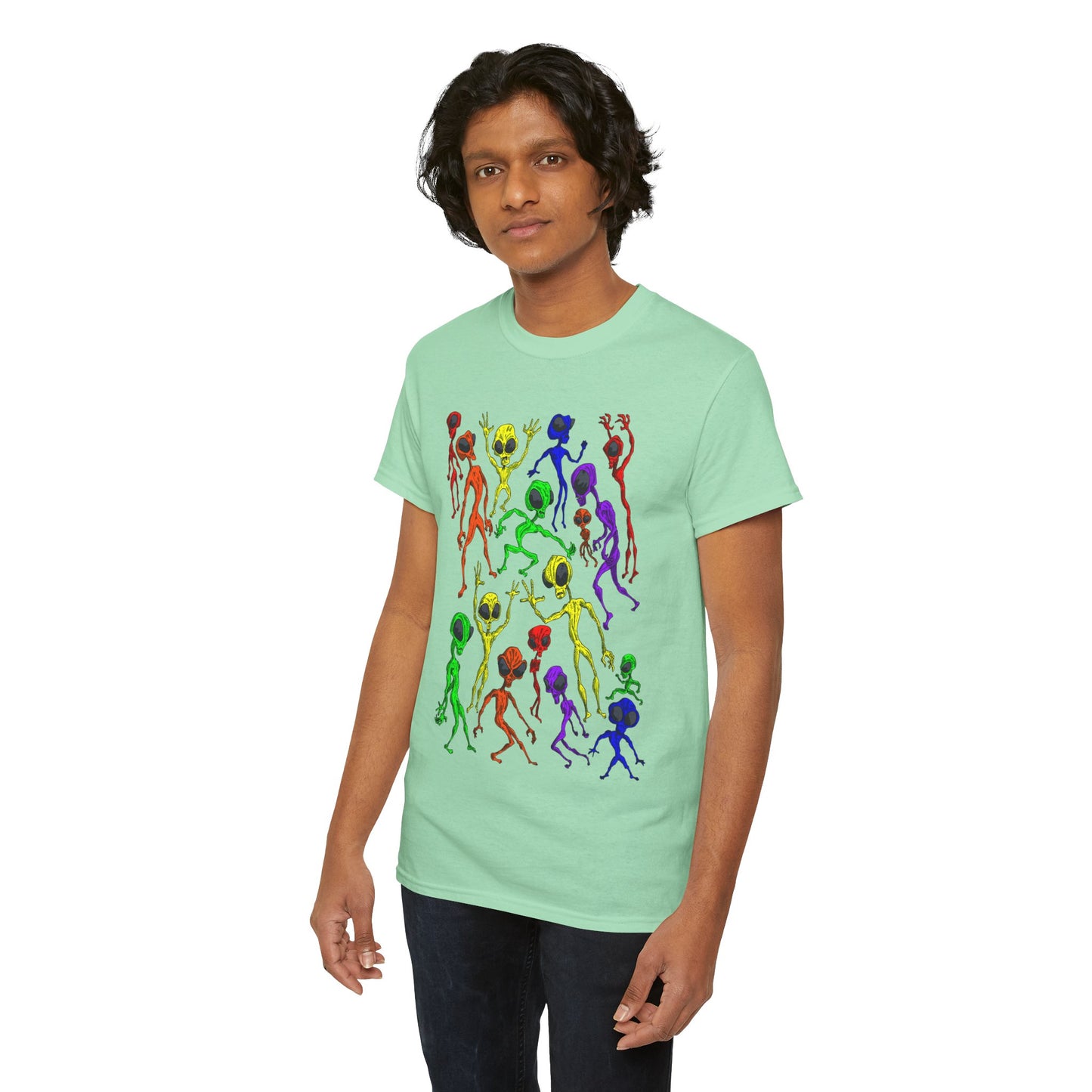 Rainbow Alien Dance Party Unisex Tee - Cosmic Sci-Fi Shirt