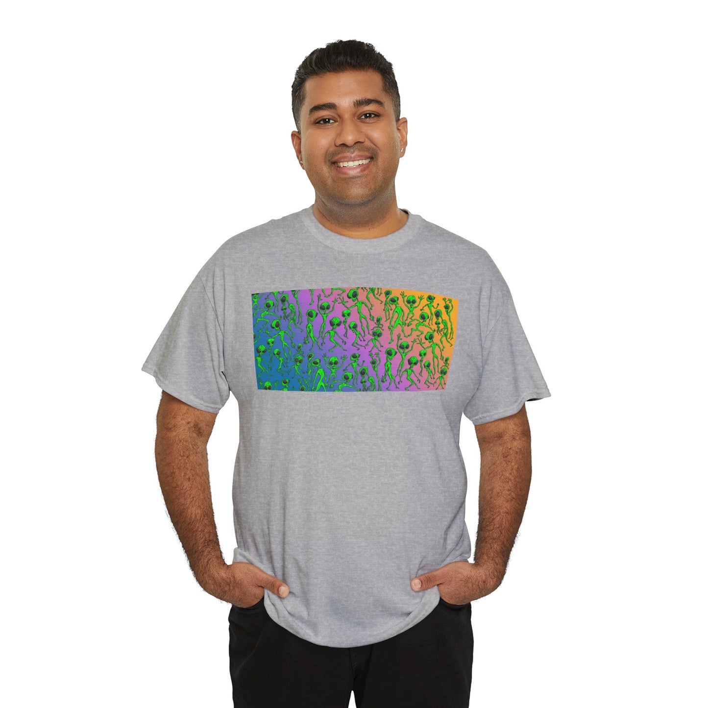 Alien Dance Party Gradient Tee — Colorful Psychedelic Green Aliens Art T-Shirt