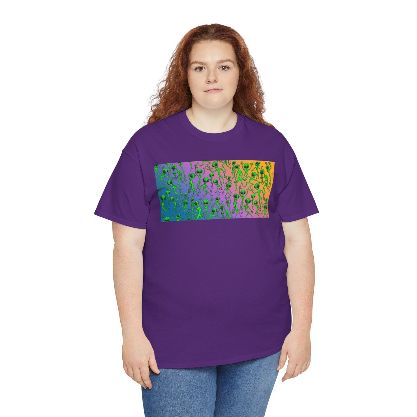 Alien Dance Party Gradient Tee — Colorful Psychedelic Green Aliens Art T-Shirt