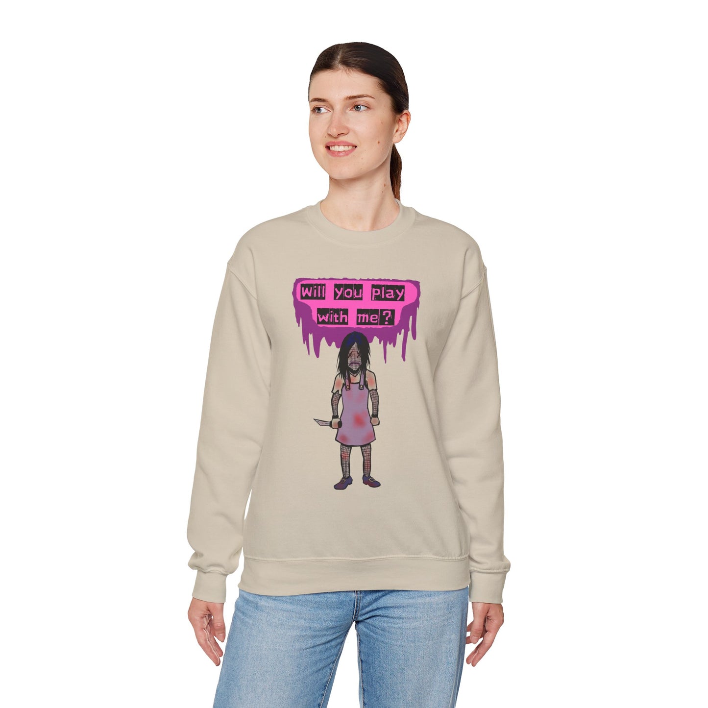 Evil Doll GHOSTLY VINTAGE UNISEX CREWNECK SWEATSHIRT - "Will You Play With Me?"