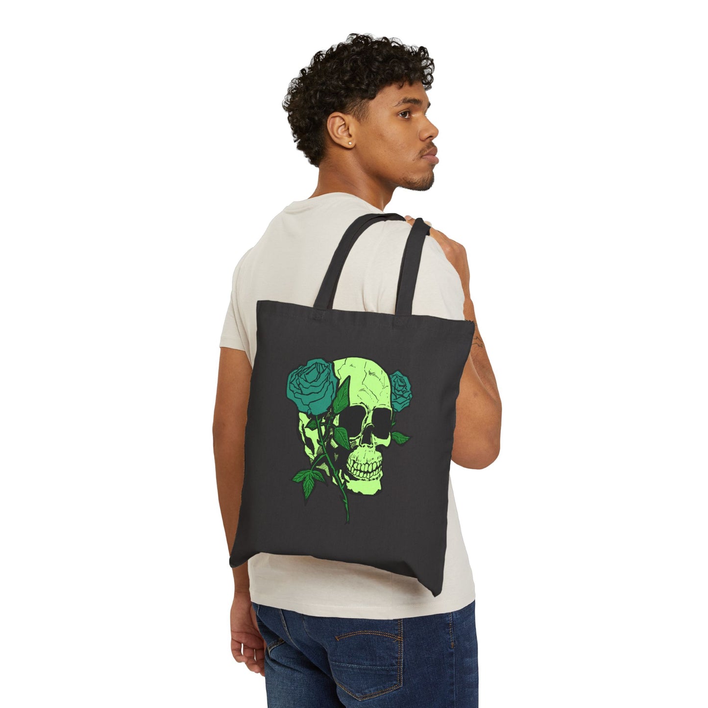 Green Skull & Roses Cotton Canvas Tote — Gothic Floral Reusable Bag