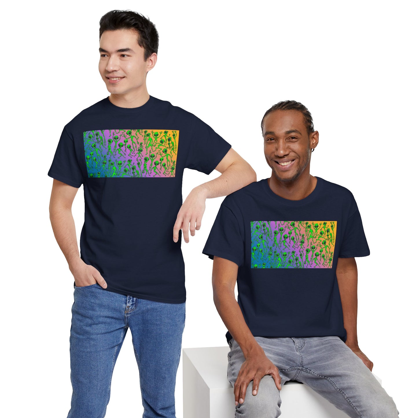 Alien Dance Party Gradient Tee — Colorful Psychedelic Green Aliens Art T-Shirt