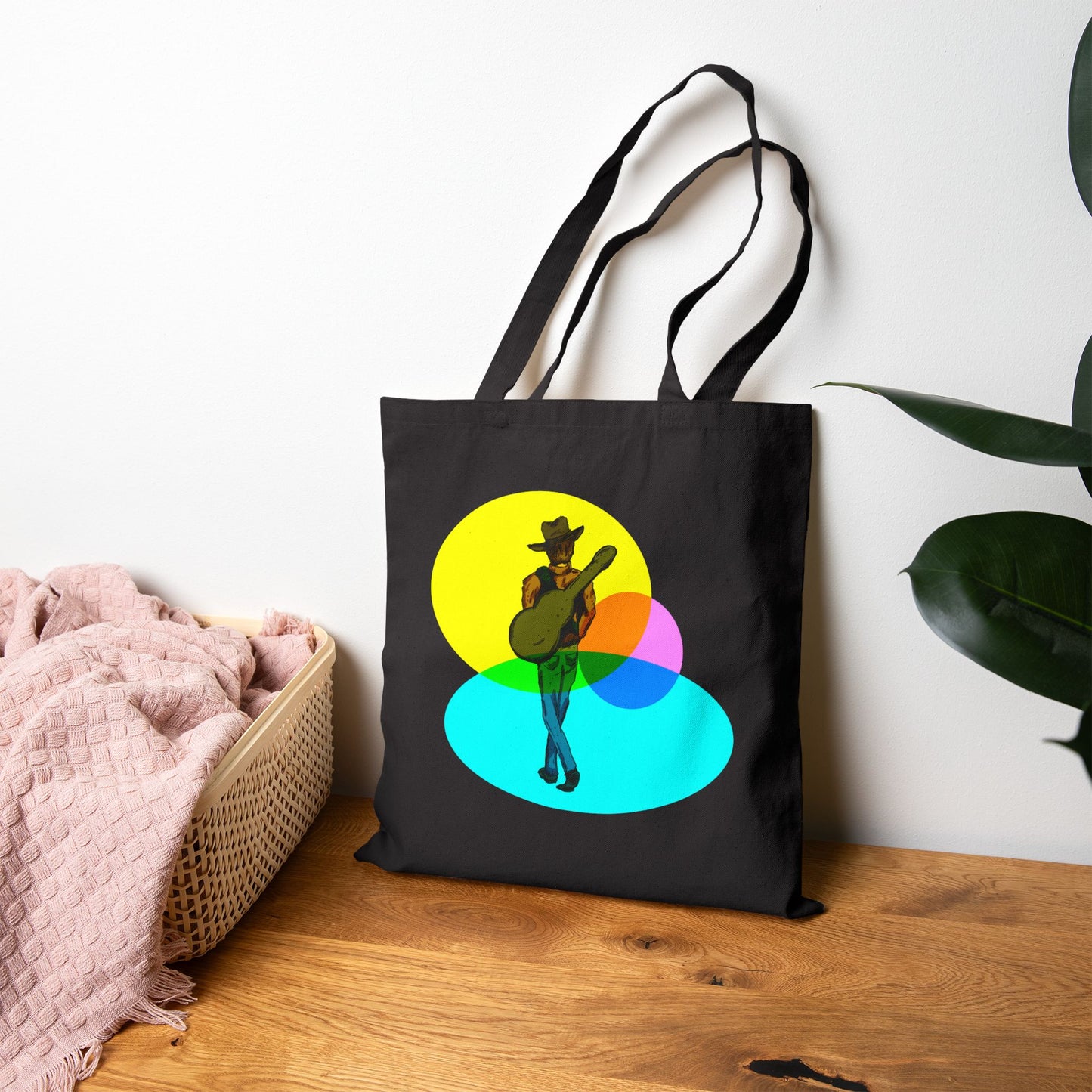 Cowboy Musician Tote Bag — Silhouette Guitarist Colorful Retro Circles Canvas Tote