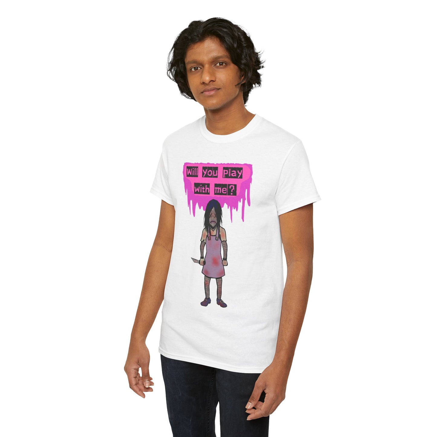 Playful Evil Doll Horror Graphic Tee, Unisex Heavy Cotton Shirt, Casual Wear, Unique Gift, Halloween Costume, Quirky Fashion
