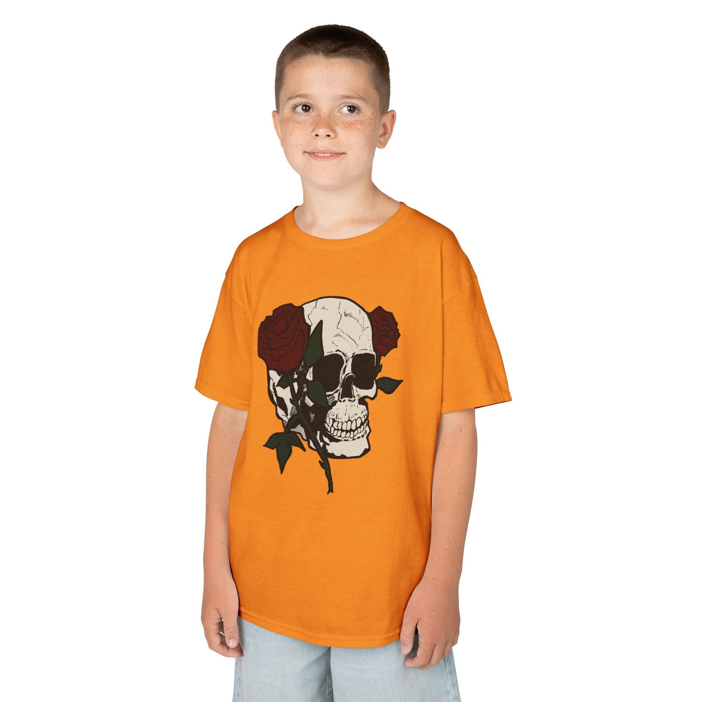 Kids Heavy Cotton Tee - Skull and Roses Graphic Tee for Trendy Kids