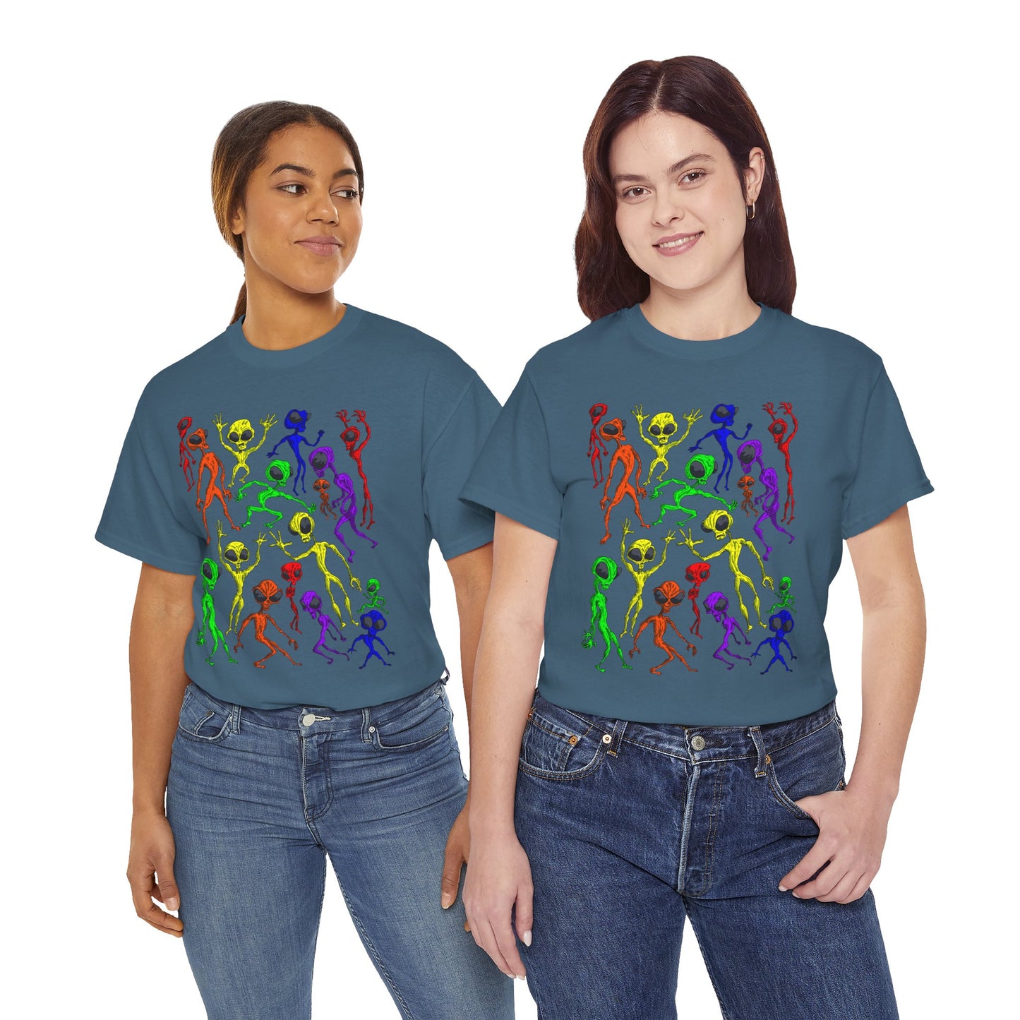 Rainbow Alien Dance Party Unisex Tee - Cosmic Sci-Fi Shirt
