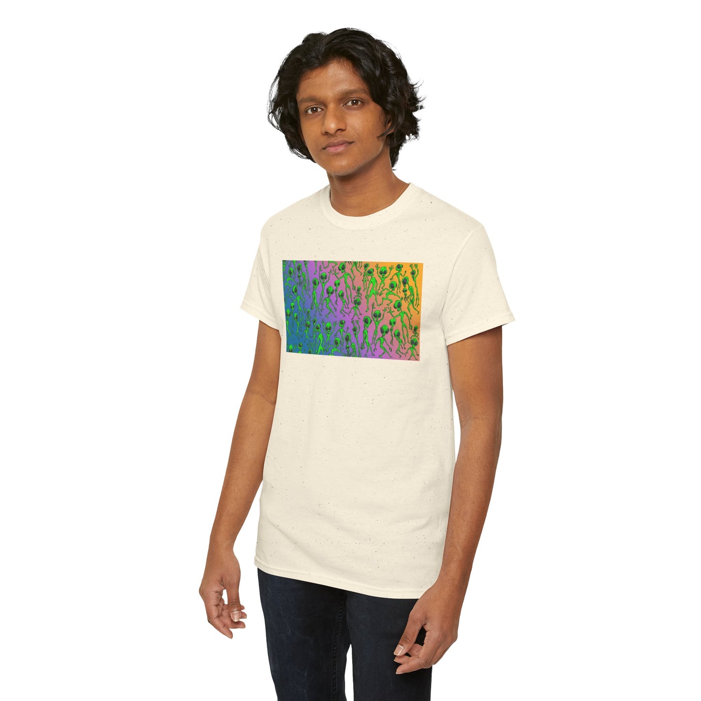 Alien Dance Party Gradient Tee — Colorful Psychedelic Green Aliens Art T-Shirt