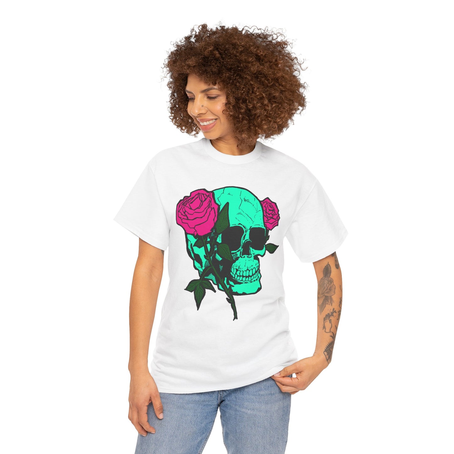Edgy Skull & Roses Unisex Heavy Cotton Tee - Graphic T-Shirt for Alternative Fashion Lovers