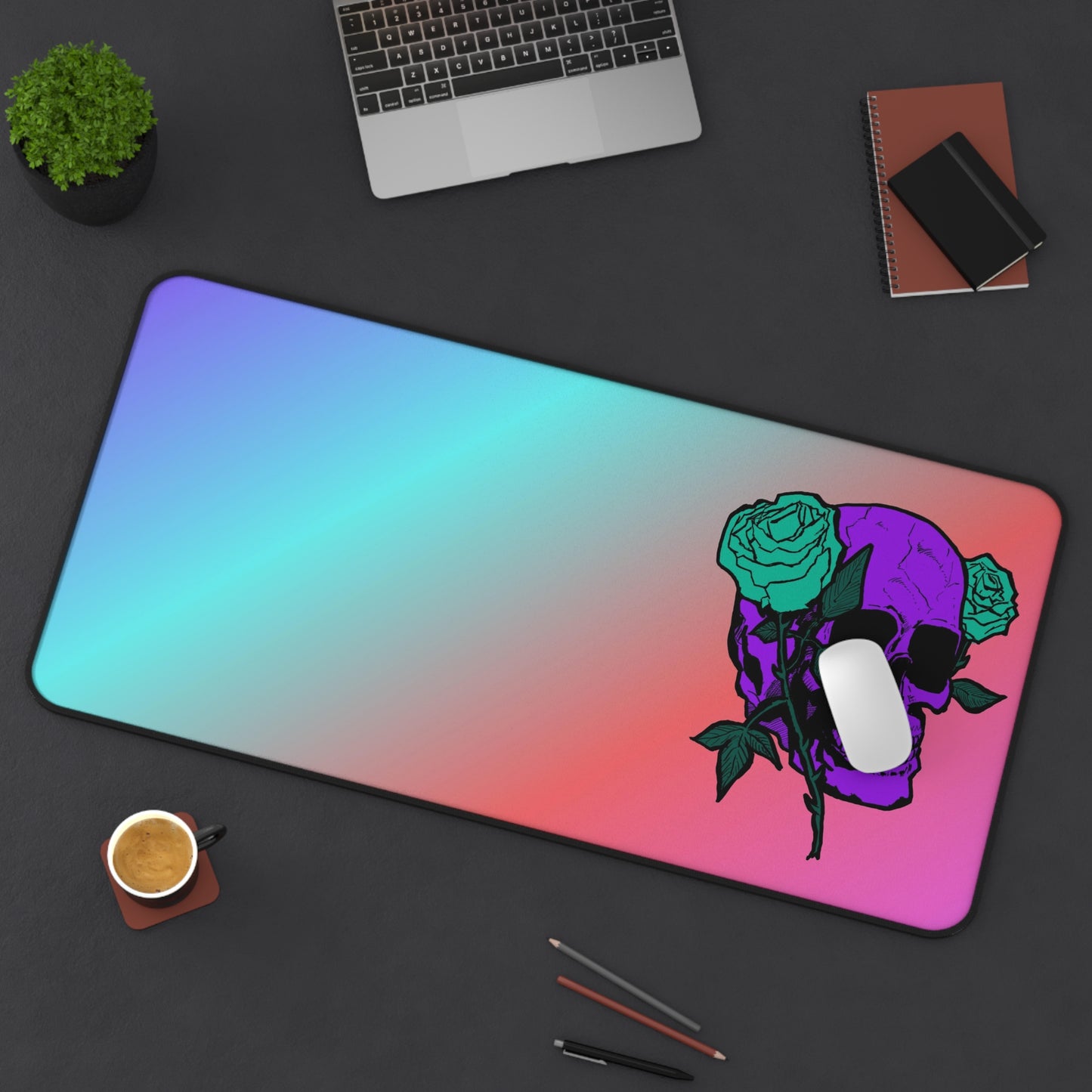 Gradient Skull Desk Mat with Green Roses — Gaming/Office Mousepad