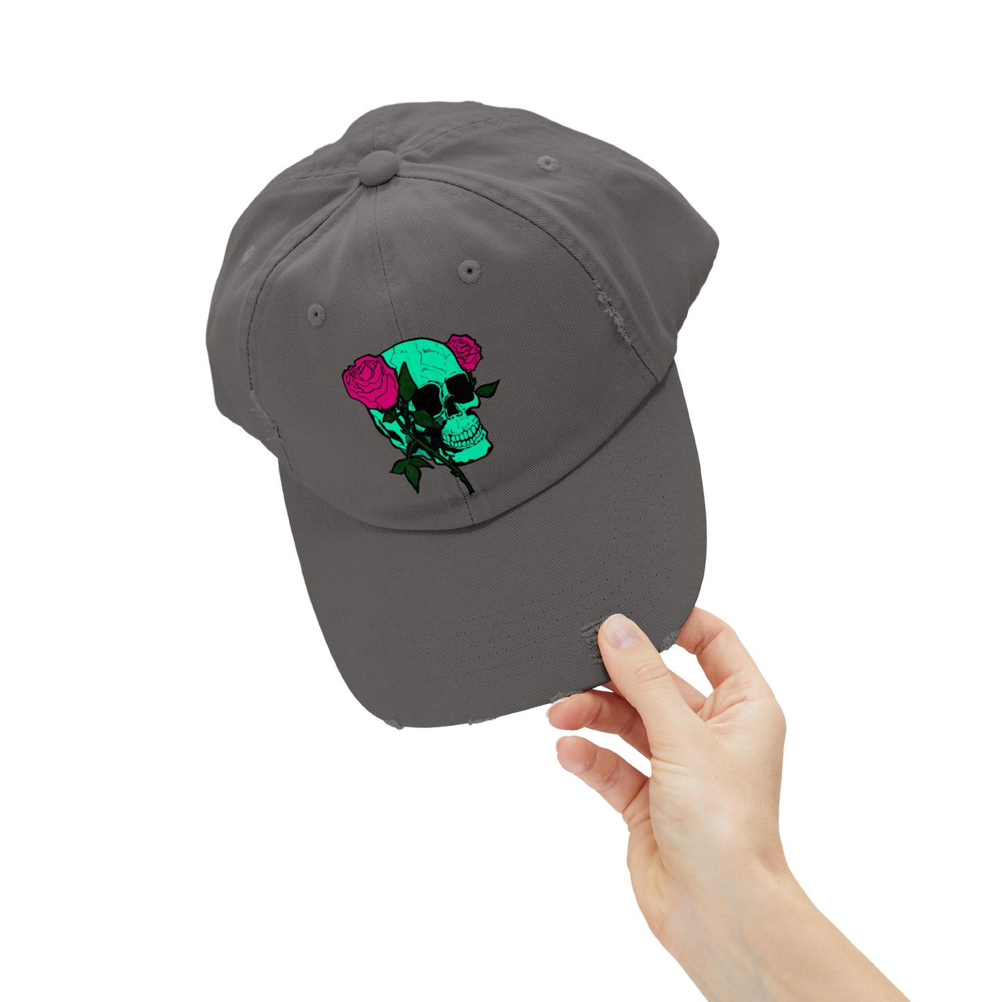 Trendy Distressed Skull Cap with Roses