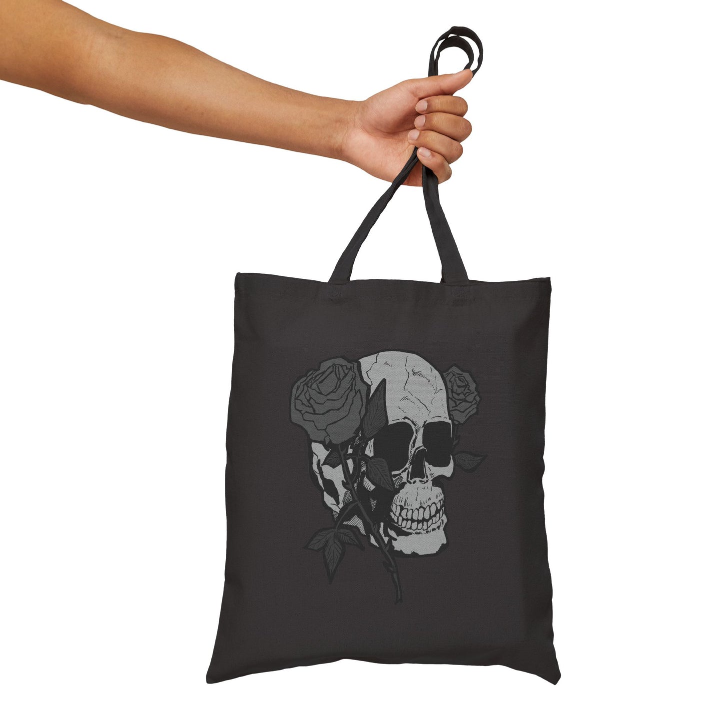Skull with Roses Canvas Tote Bag — Gothic Floral Reusable Market Bag