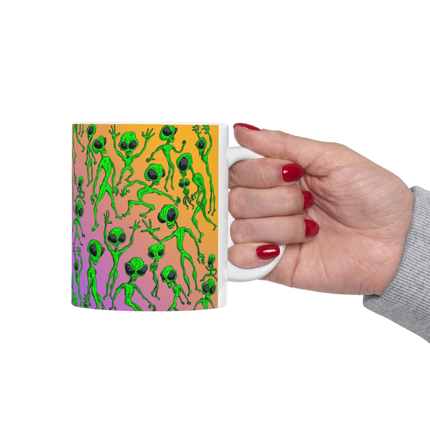 Alien Dance Party Ceramic Mug — Colorful Psychedelic Green Aliens (11oz & 15oz)