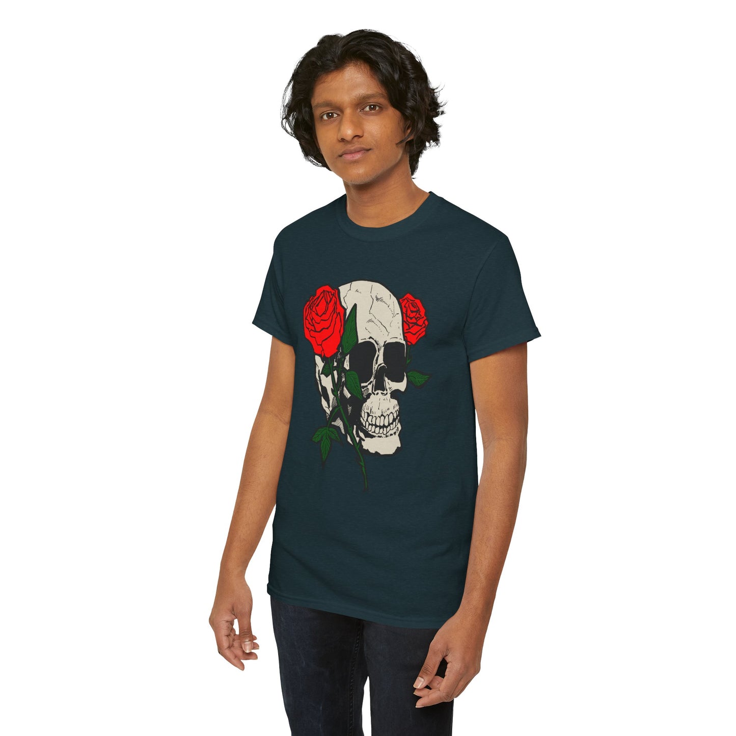 Skull & Roses Unisex Heavy Cotton Tee - Edgy Graphic T-Shirt for Casual Style