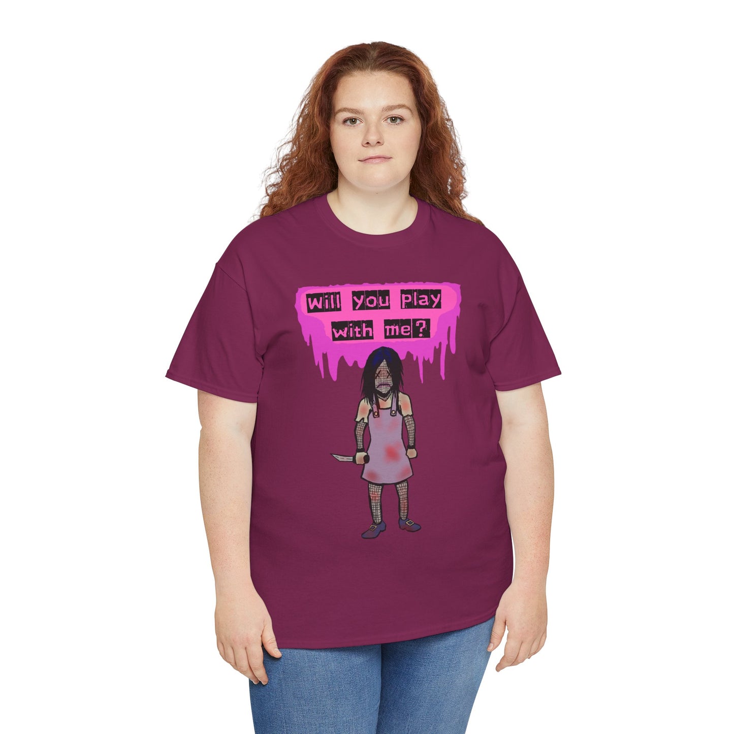 Playful Evil Doll Horror Graphic Tee, Unisex Heavy Cotton Shirt, Casual Wear, Unique Gift, Halloween Costume, Quirky Fashion