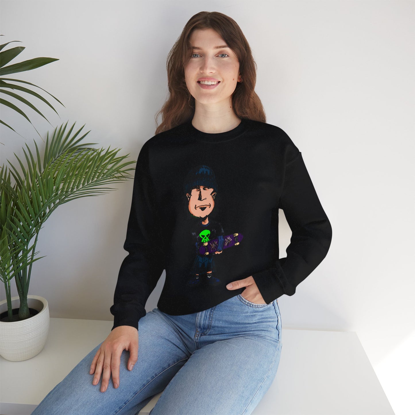 Rude Skater Dude - Cartoon Skate Punk Crewneck Sweatshirt — Retro Skateboard Character Graphic