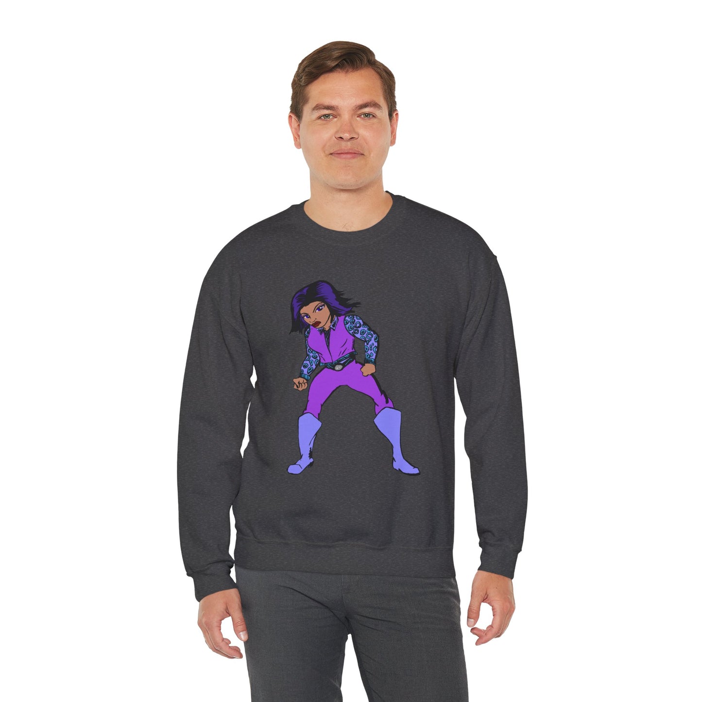 Vintage Retro Hero Crewneck Sweatshirt with Bold Graphic Design