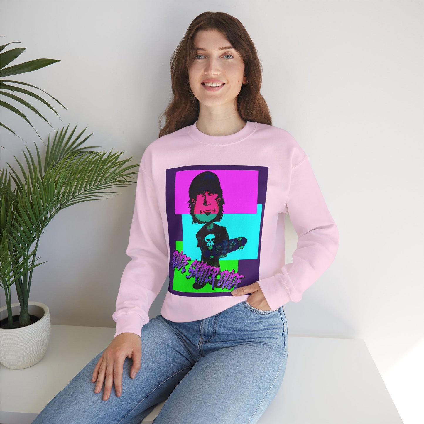 Crewneck Sweatshirt — Retro Neon Skate Punk "Rude Skater Dude" Graphic
