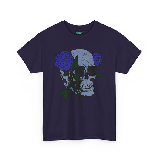 Unisex Heavy Cotton Tee with Skull and Rose Design - Edgy Streetwear Top