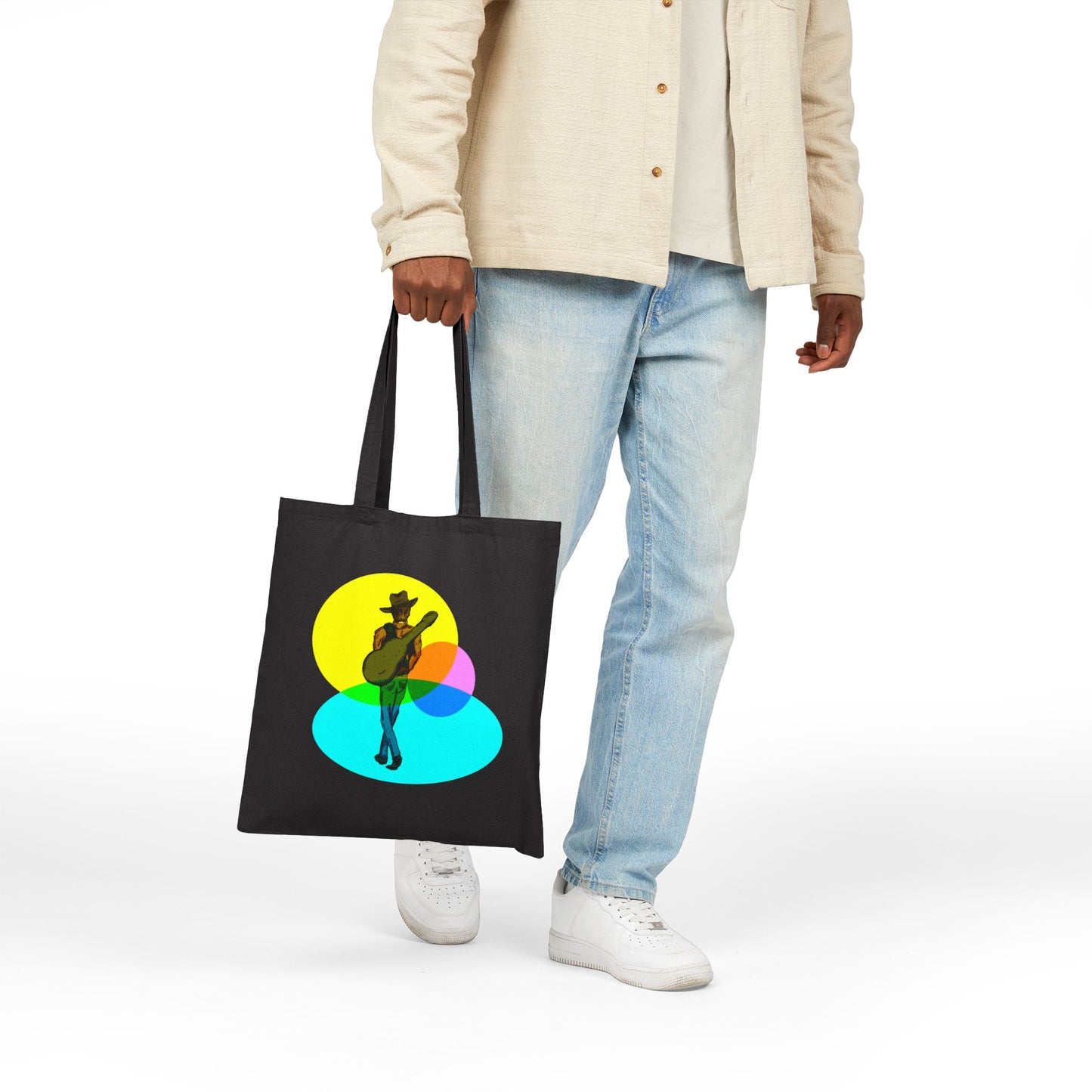 Cowboy Musician Tote Bag — Silhouette Guitarist Colorful Retro Circles Canvas Tote