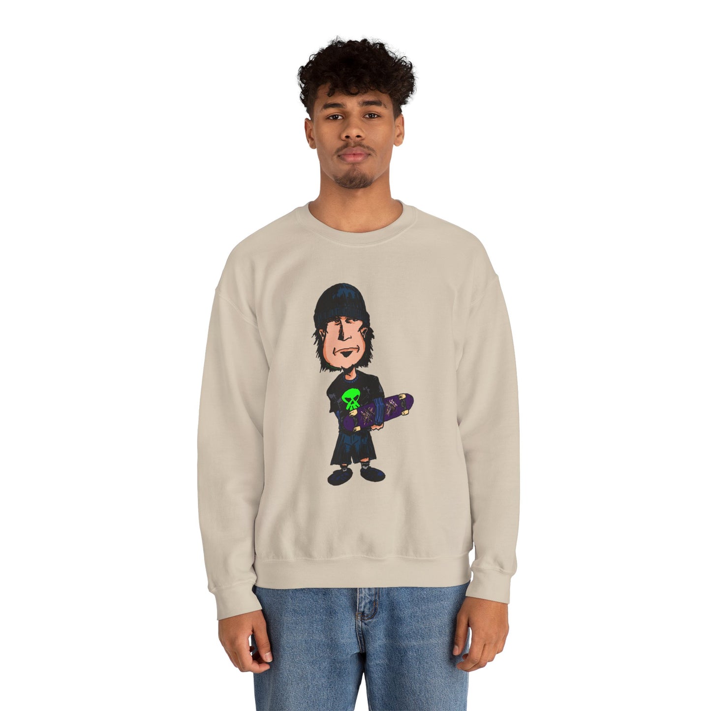 Rude Skater Dude - Cartoon Skate Punk Crewneck Sweatshirt — Retro Skateboard Character Graphic