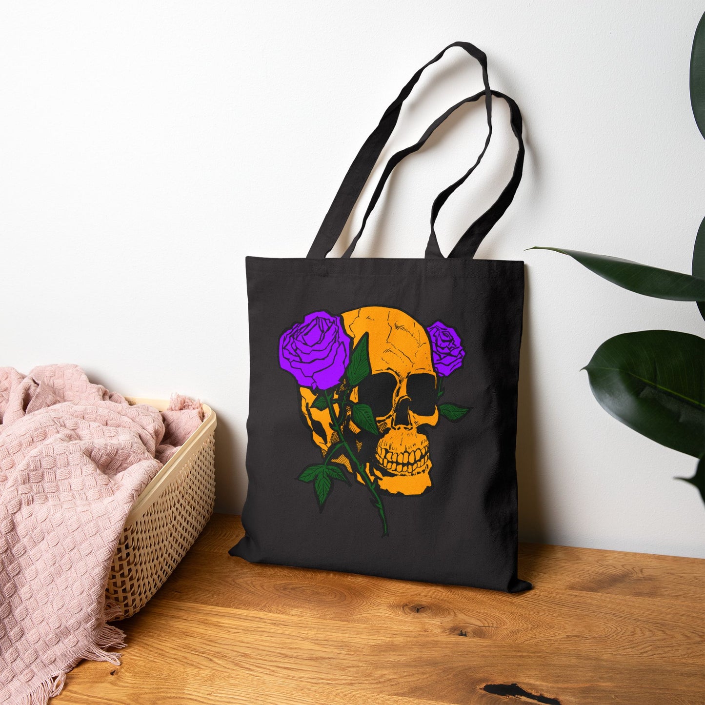 Skull with Purple Roses Canvas Tote Bag